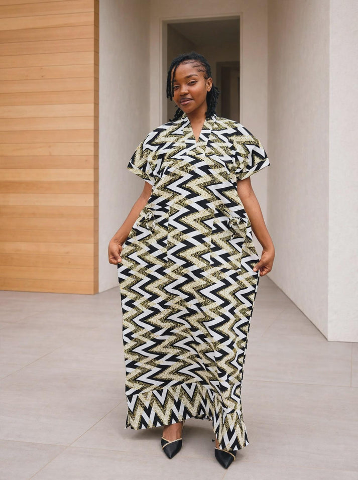 Zigzag Print Boubou Gown | Monochrome Ankara Maxi Dress, One-Size Kaftan