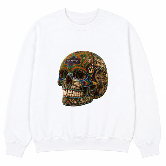 Ornate Skull Sweatshirt, African Inspired Mosaic Skull Crewneck, Halloween Graphic Streetwear