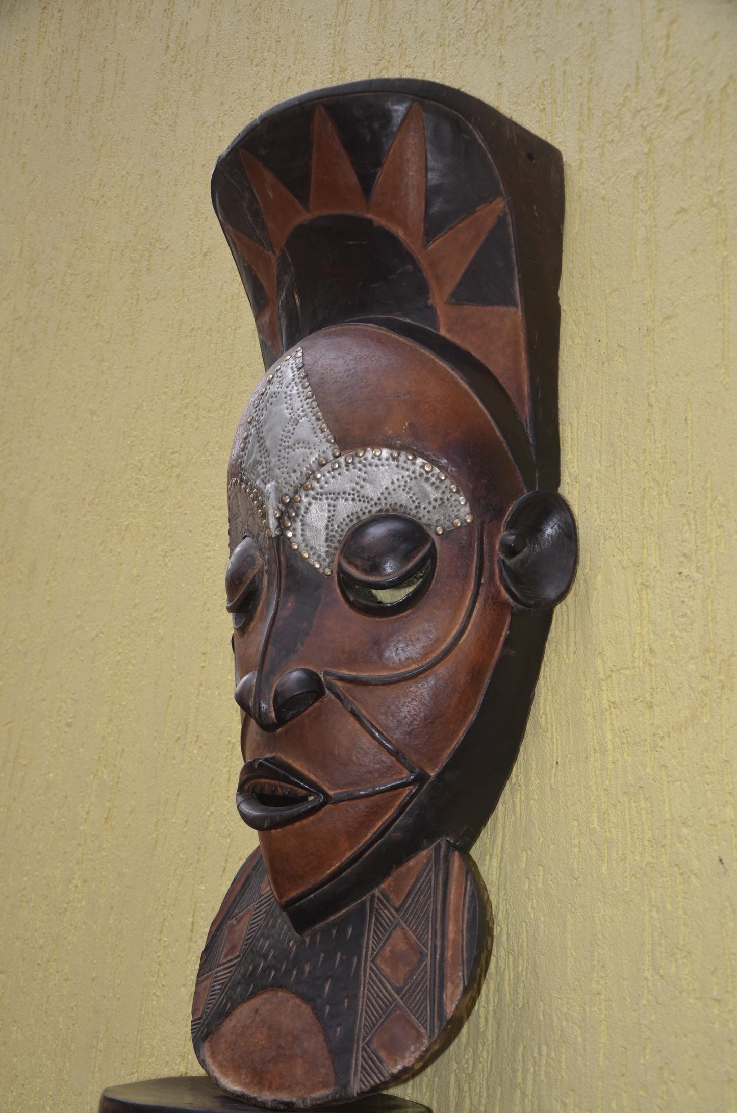 Marka African Mask – 34" Large Hand-Carved Wood & Brass Mask – Mali Wall Art.