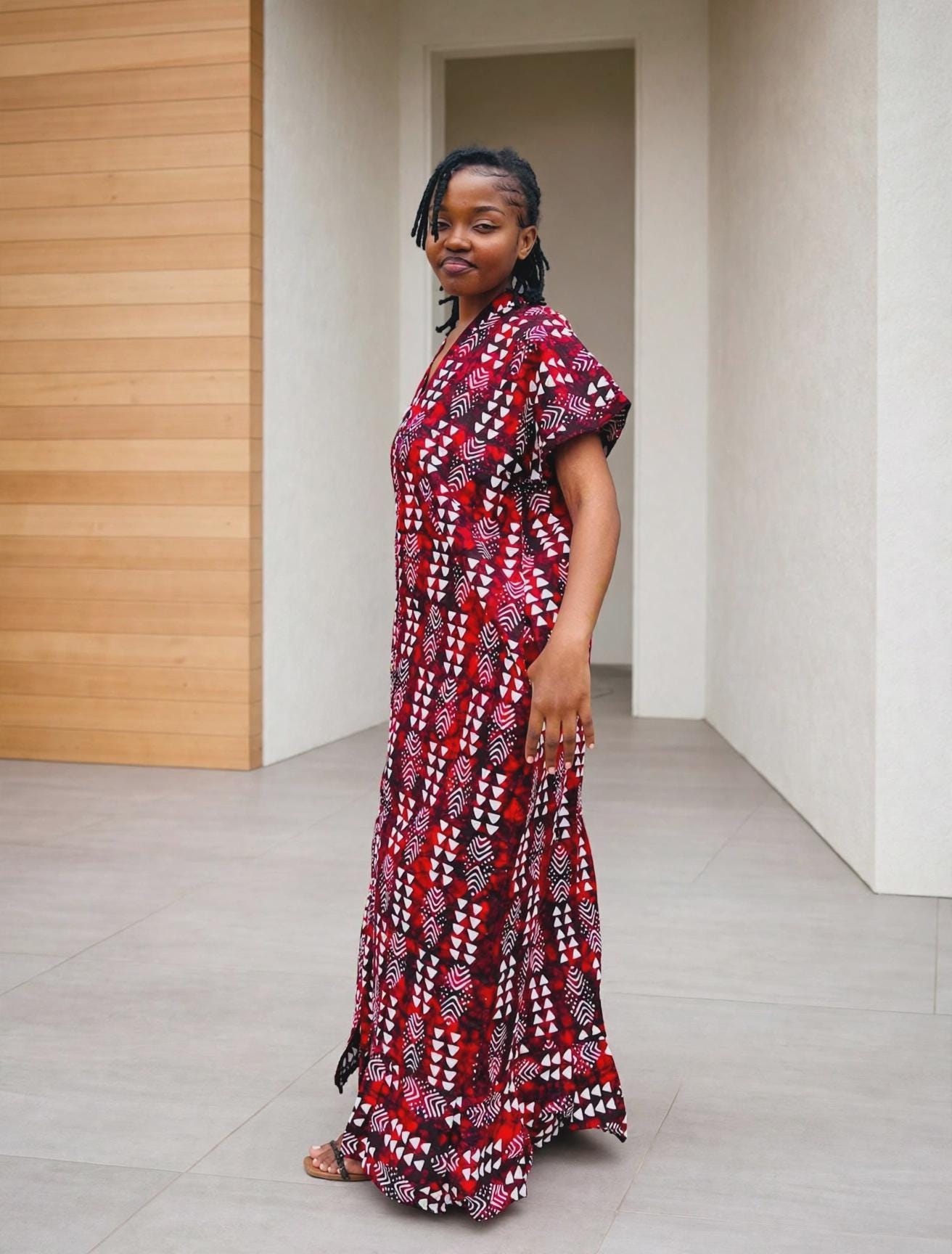 Arrowhead Ankara Boubou Gown | Geometric Cascade Kaftan, Wine Red Maxi