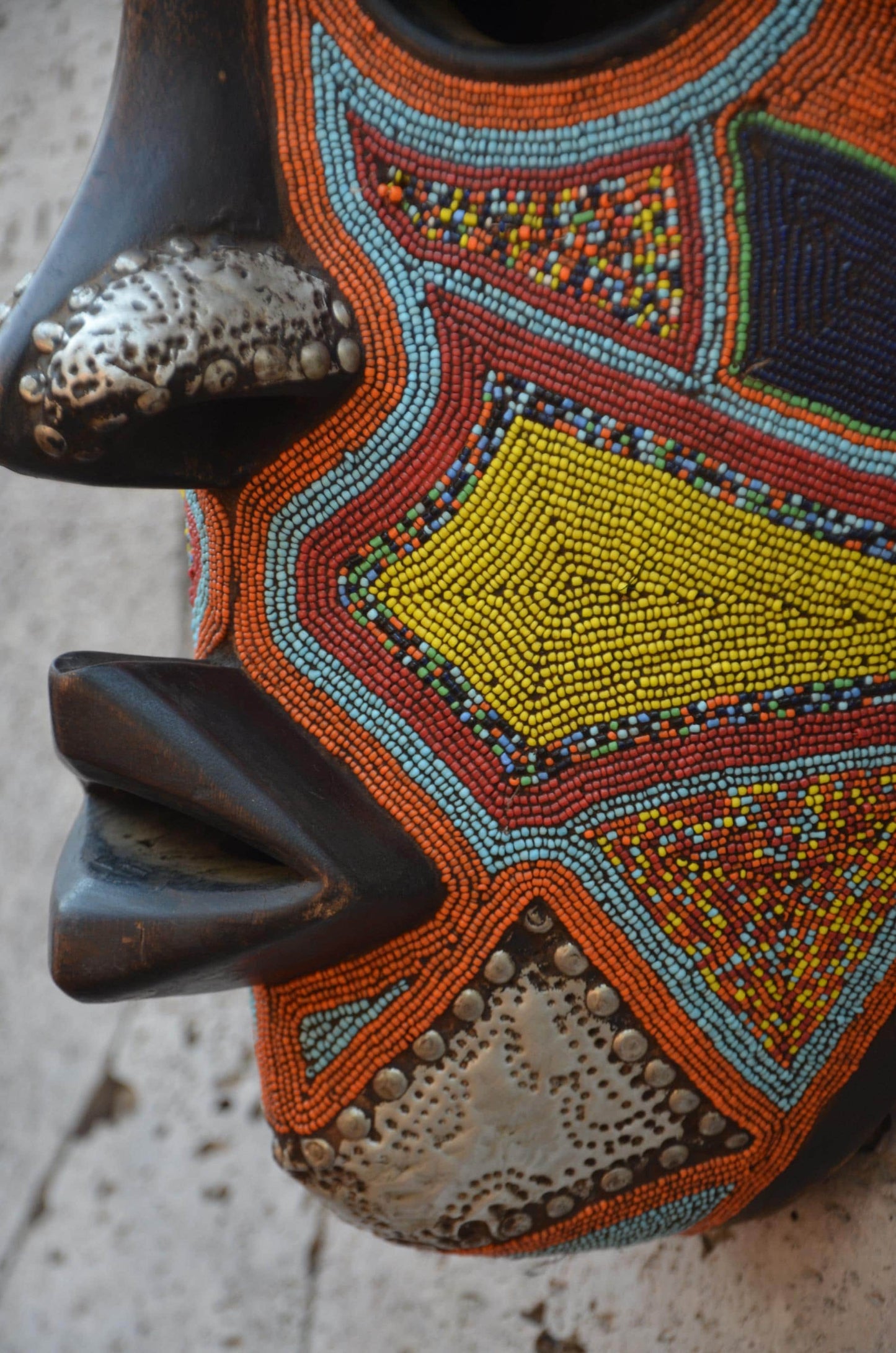Yoruba Beaded Mask – 38" Large Hand-Carved Wood & Brass Mask – Wall Art