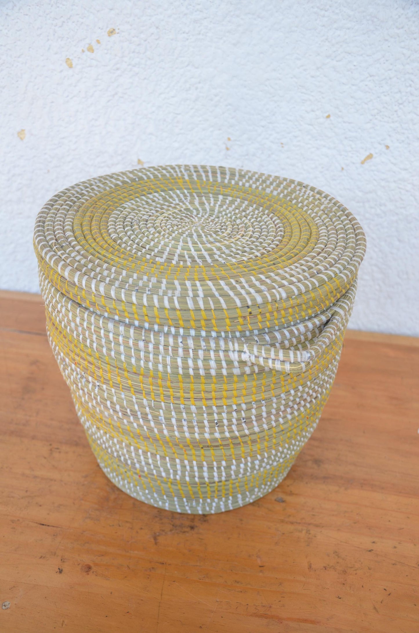 Handwoven Senegalese Coil Basket with Lid | Yellow and White Boho Storage Bin