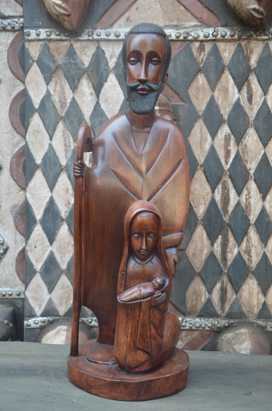 Hand-Carved African Holy Family Sculpture | Wooden Nativity Art