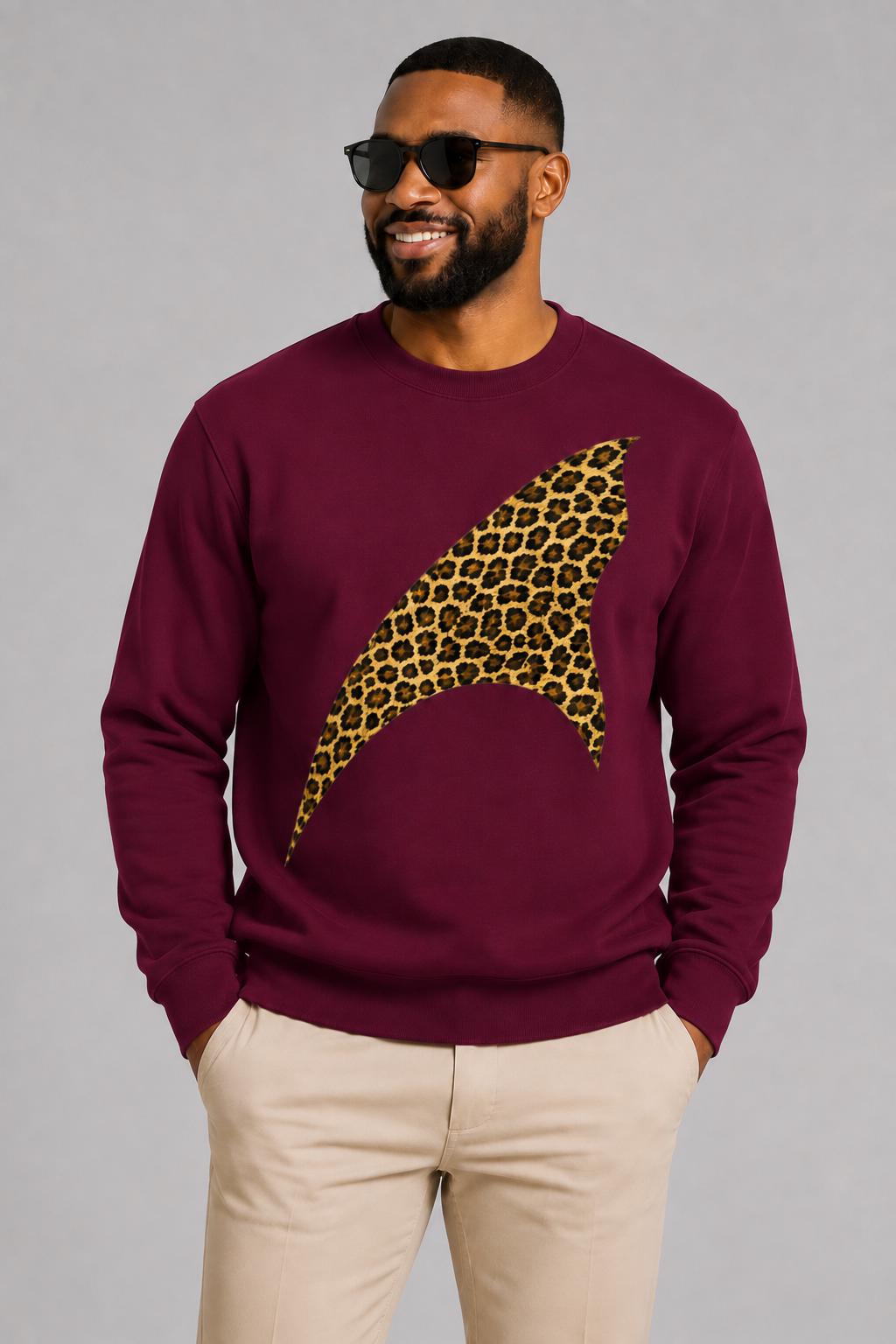 Maroon Leopard Print Sweatshirt, Animal Print Crewneck, African Inspired Streetwear, Fall Graphic Sweater
