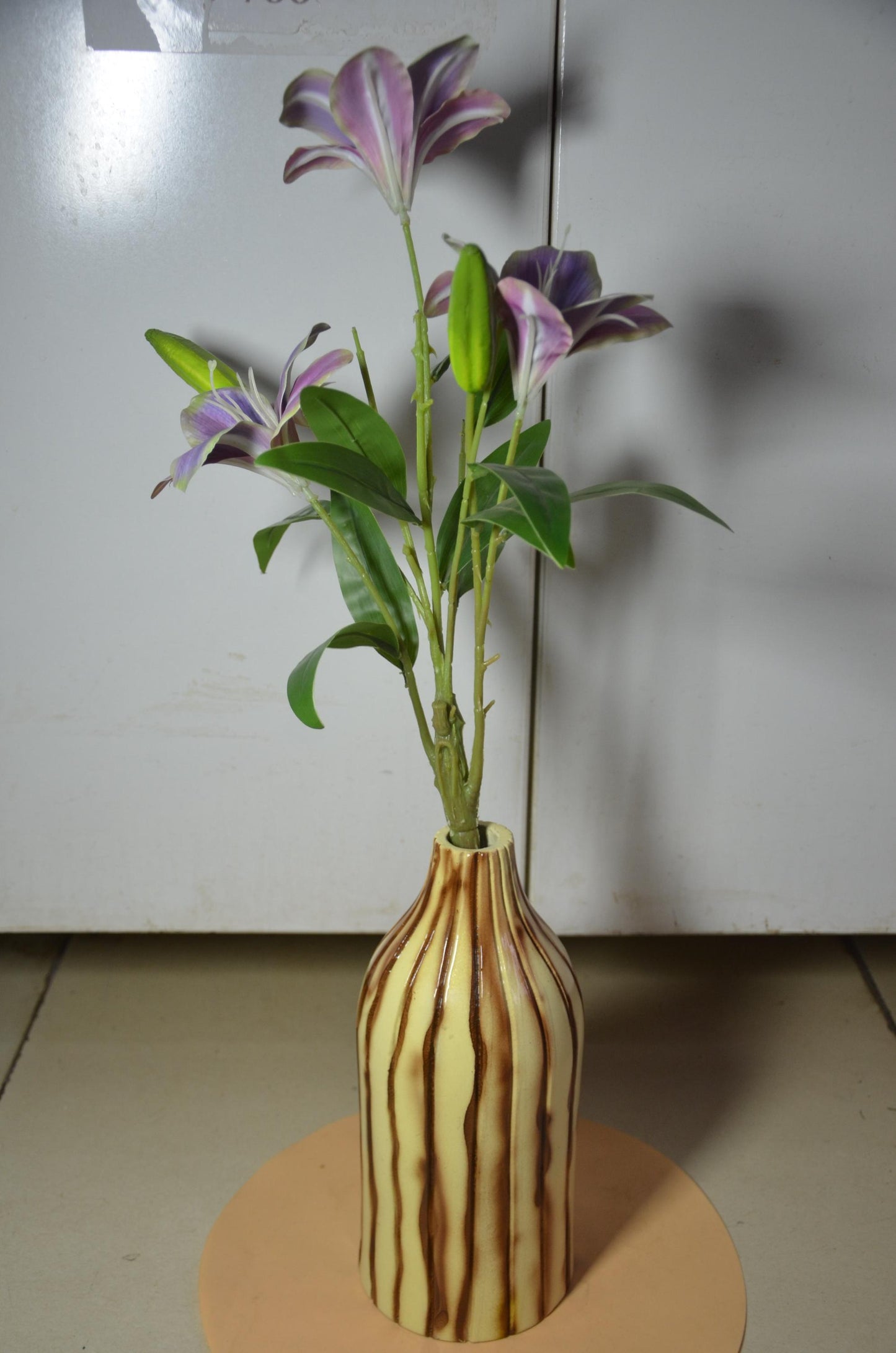 Fluted Wooden Bottle Vase | Cream and Brown Ribbed Vessel