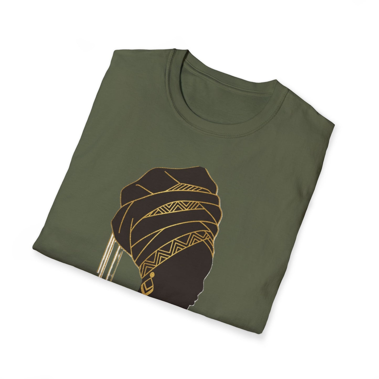 African Goddess Silhouette T-Shirt — Black Woman Profile with Gold Headwrap