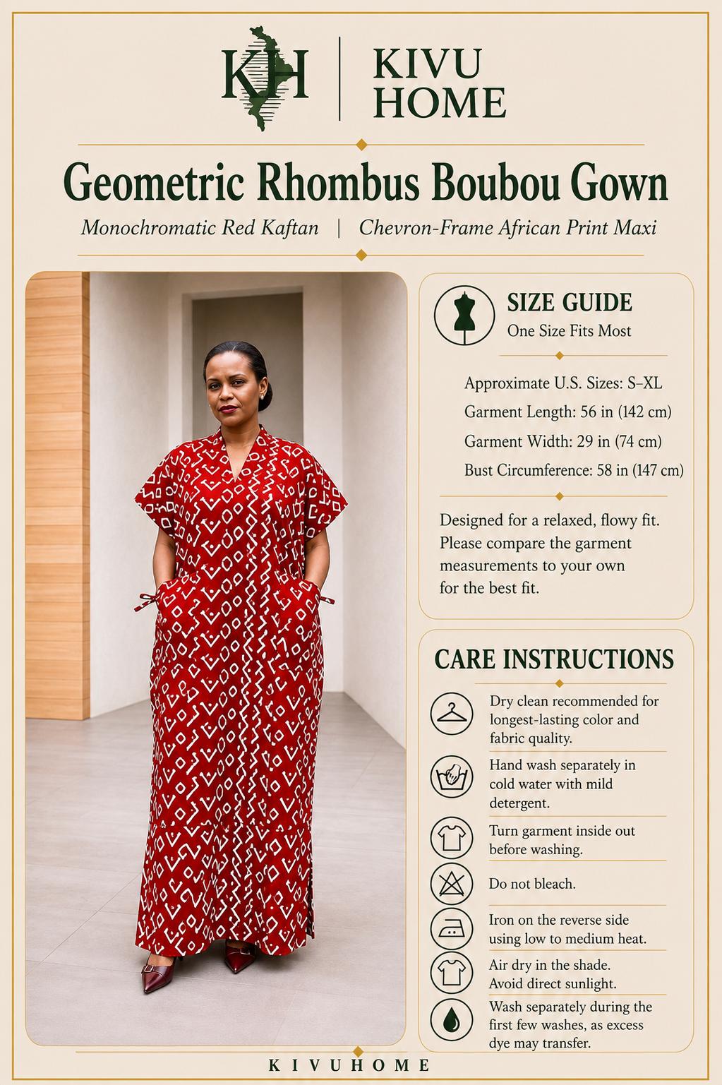 Geometric Rhombus Boubou Gown | Monochromatic Red Kaftan, Chevron-Frame Maxi