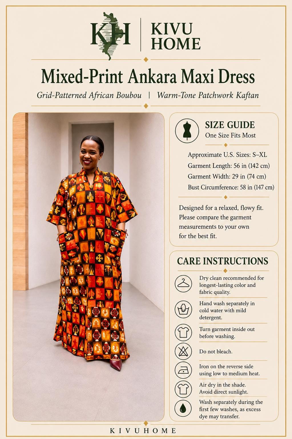 Mixed-Print Ankara Maxi Dress | Grid-Patterned African Boubou, Warm-Tone Patchwork