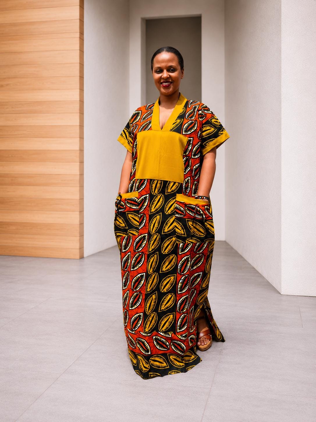 Color-Blocked Mustard Leaf Kaftan | Paneled Botanical Maxi, Trimmed Bubu