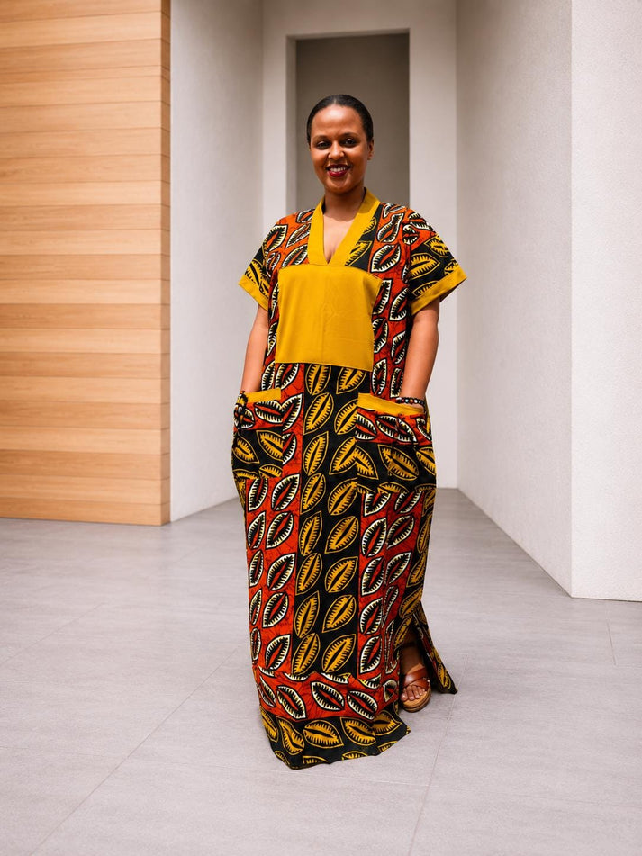 Color-Blocked Mustard Leaf Kaftan | Paneled Botanical Maxi, Trimmed Bubu