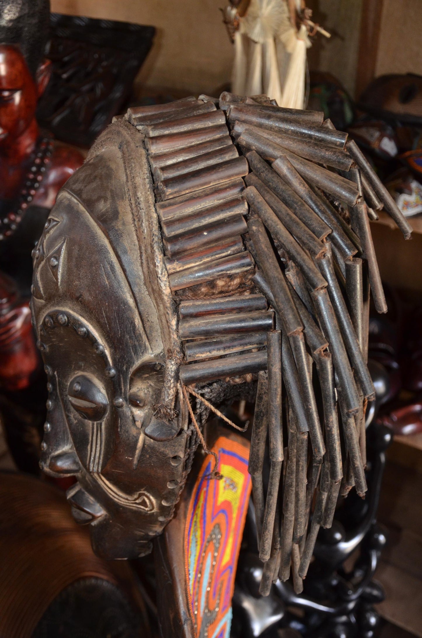 Authentic African Chokwe Mwana Pwo Mask - 19" Beaded Stand Display, Metallic Stud Details, Elegant Angola Tribal Wood Carving.