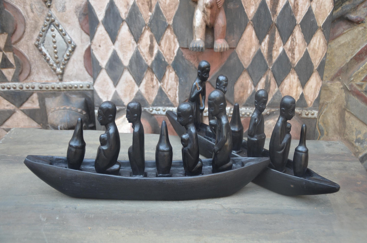 Set of 2 Hand-Carved African Canoe Sculptures | Fisherman Decor