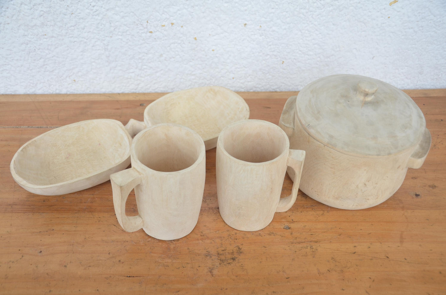 Hand-Carved Wooden Food Dish and Mug Set | Artisan African Kitchen Decor