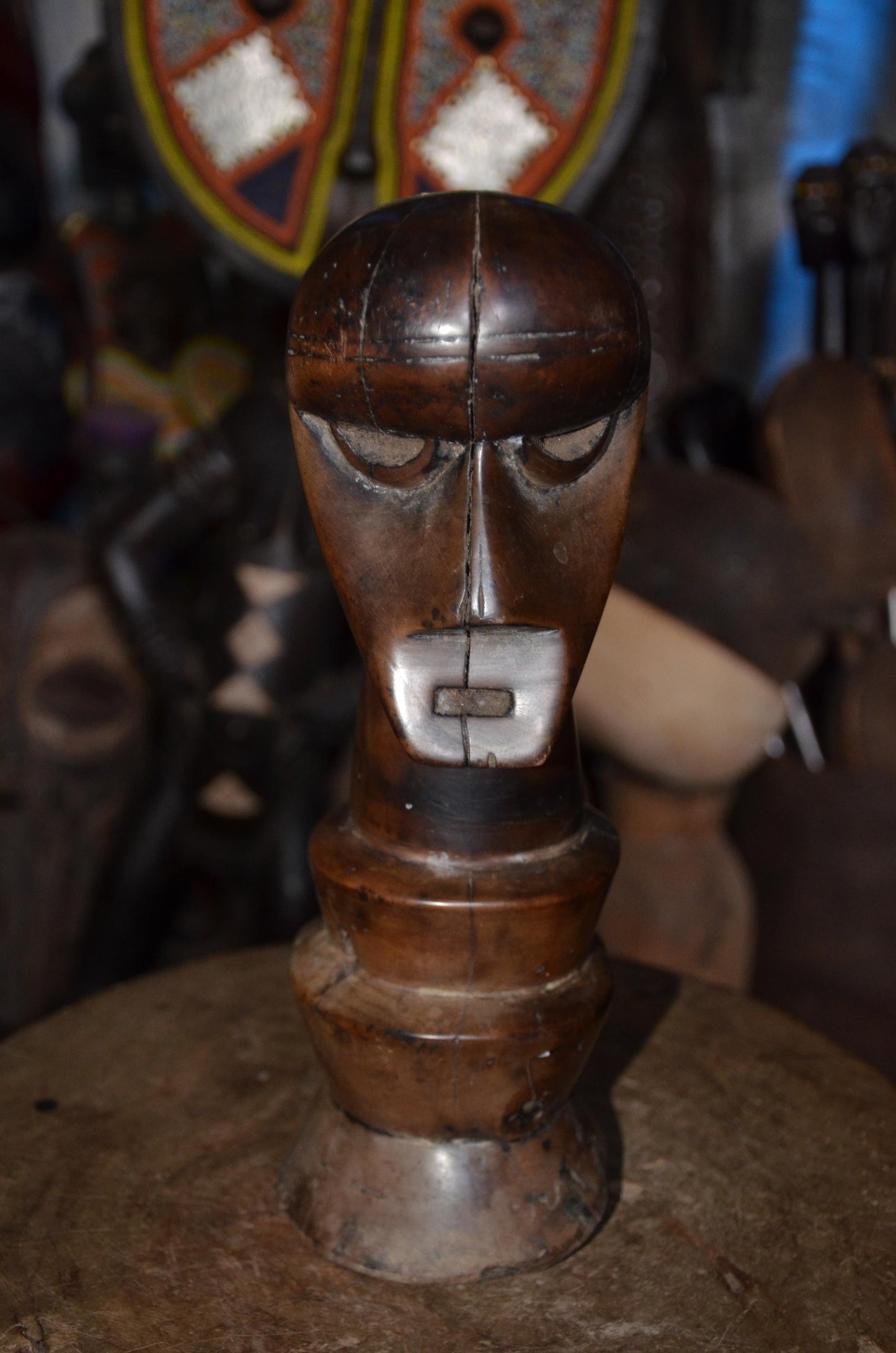 Authentic Songye Kifwebe Head Sculpture - 12" Hand-Carved Wood Ancestor Bust on Ringed Pedestal, Polished Mahogany Patina.