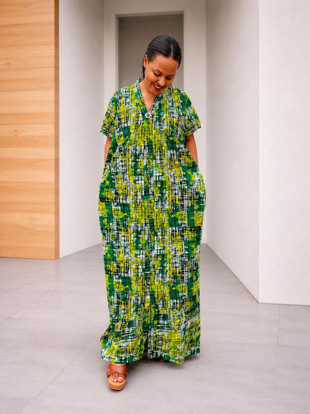 Crosshatch Kampala Boubou | Abstract Batik Kaftan Gown, Free-Size Silk Maxi