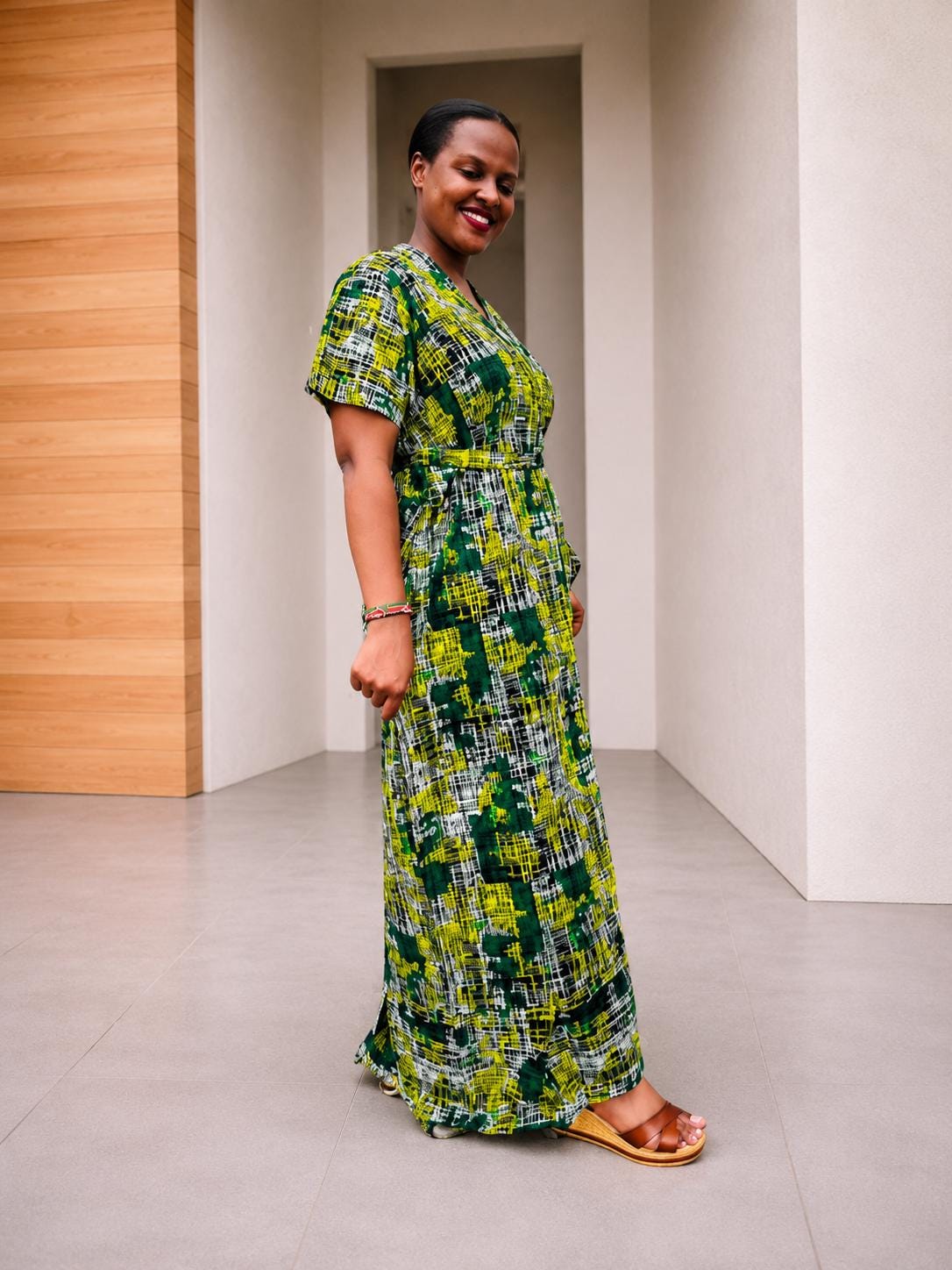 Crosshatch Kampala Boubou | Abstract Batik Kaftan Gown, Free-Size Silk Maxi