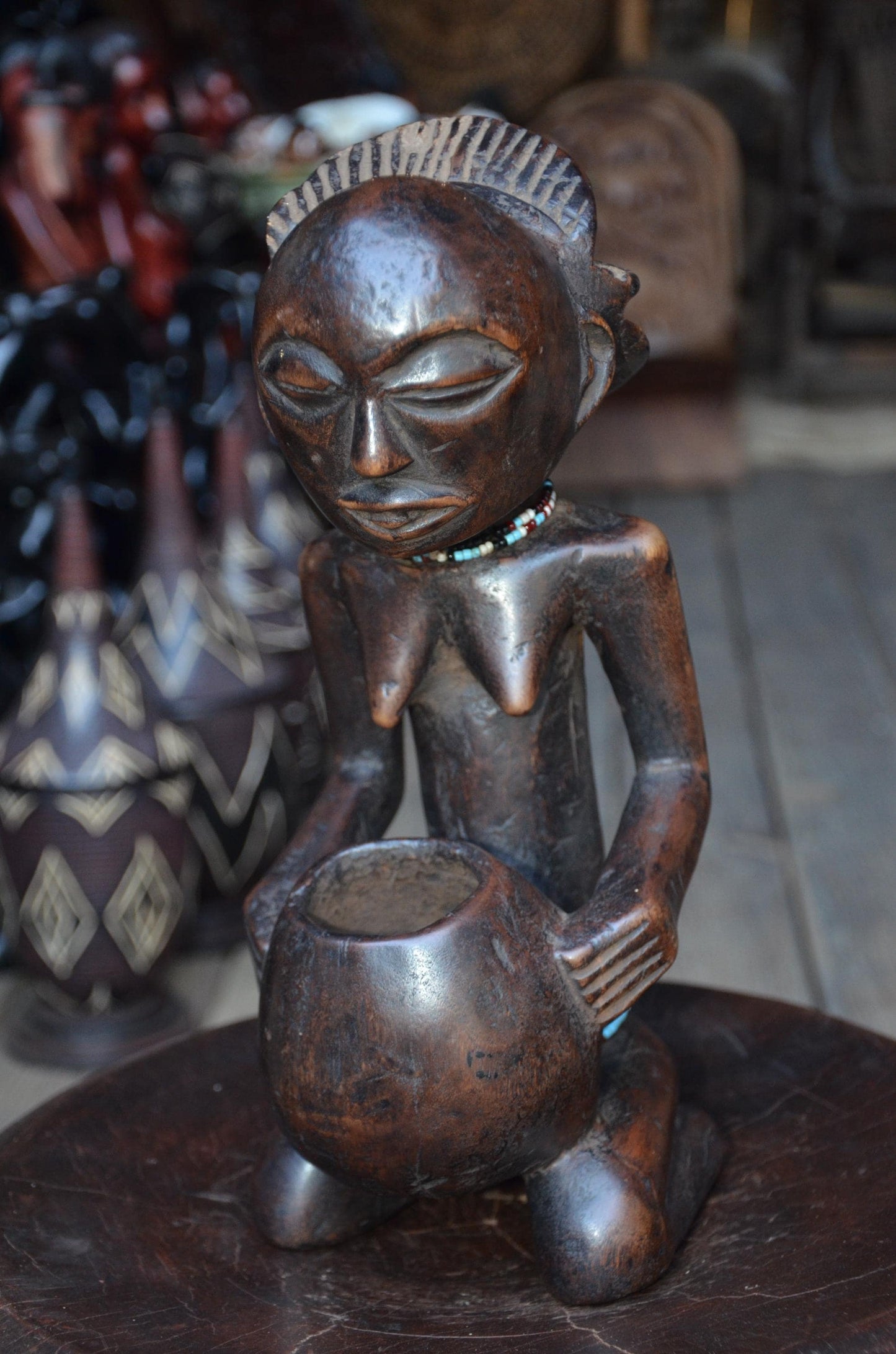 Authentic Luba Bowl-Bearer Statue - 14" Hand-Carved Wood Mboko Female Ancestor Sculpture, Devotional Figure with Bead Accent.