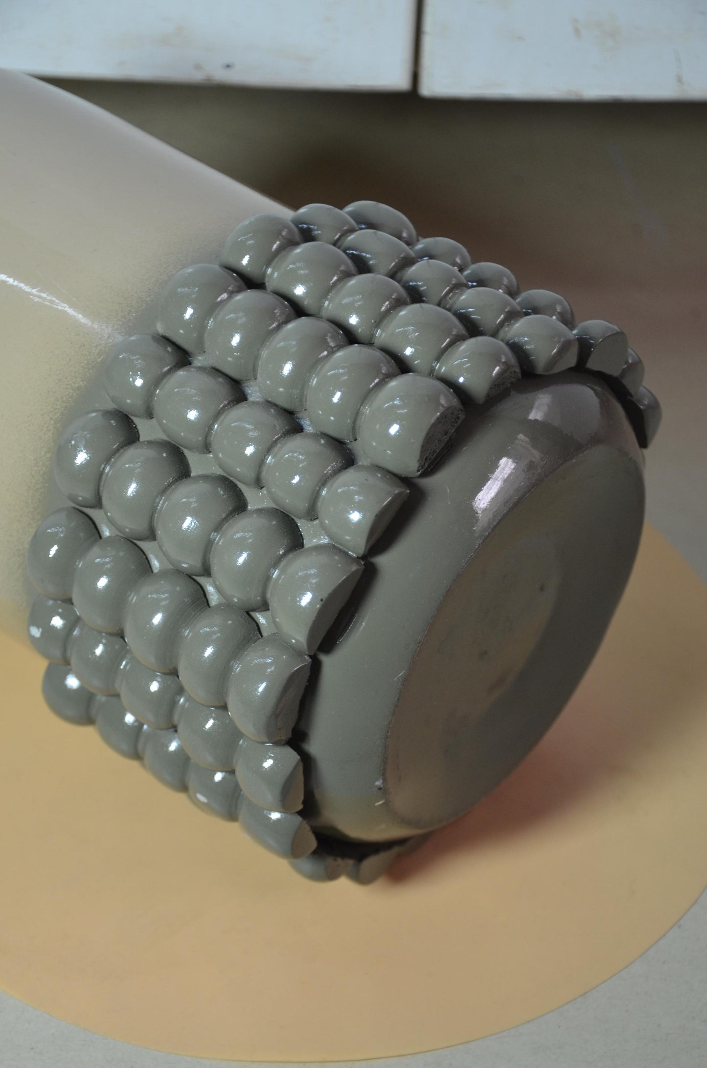 Beaded Wooden Cylinder Vase | Beige and Grey Bubble Texture Pillar Vessel