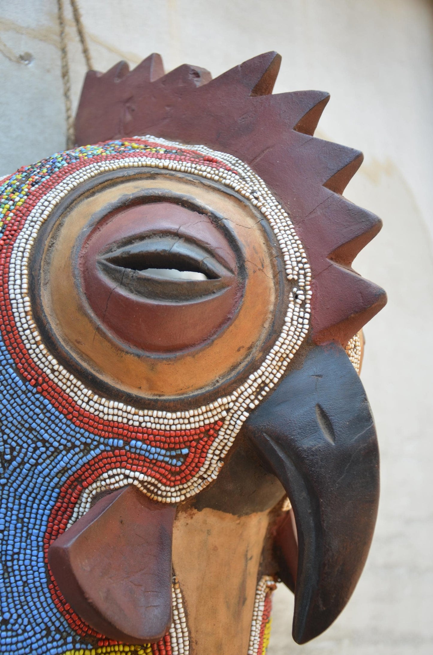 Authentic Cameroon Grassfields Beaded Rooster Mask - 17" Hand-Carved African Zoomorphic Bird Mask, Bamileke Style Beadwork Wall Sculpture.