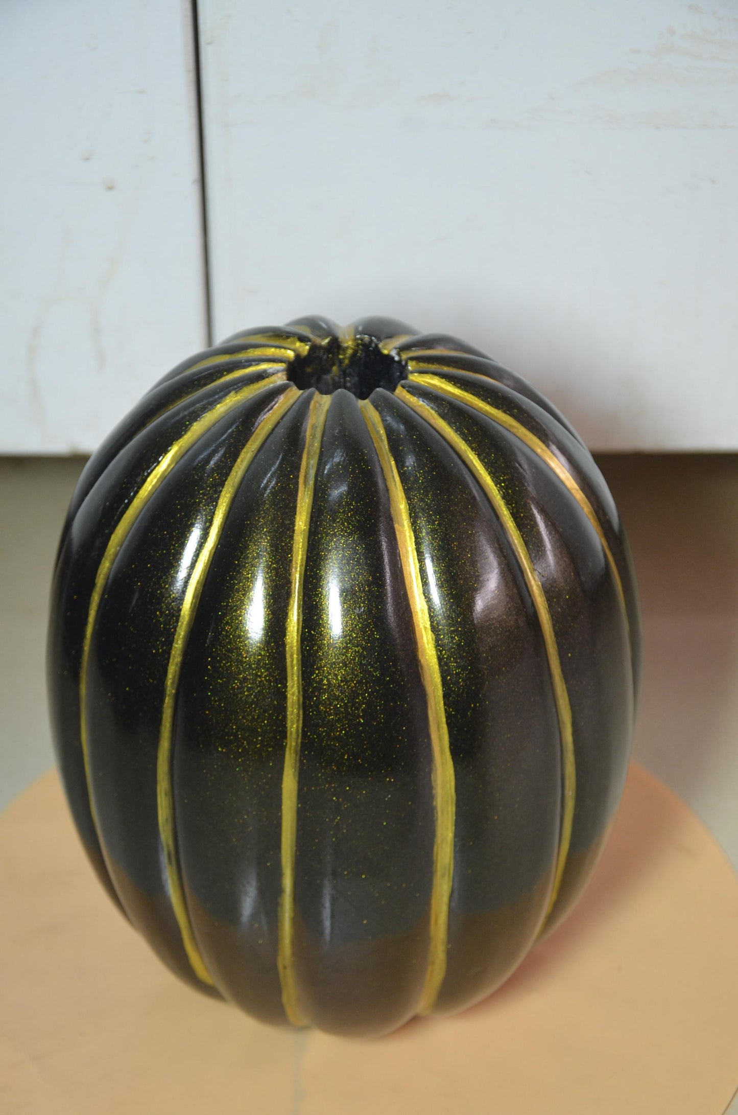 Fluted Wooden Pumpkin Vase | Metallic Bronze Gold Ribbed Vessel