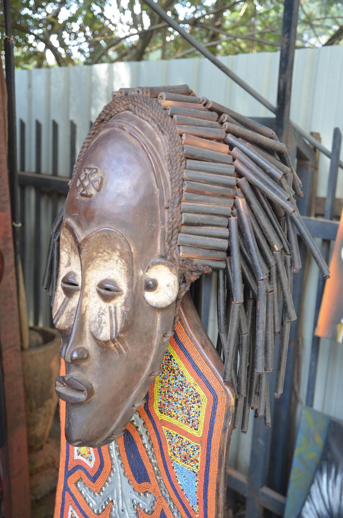 Authentic African Chokwe Mwana Pwo Mask - 21" Large Beaded Stand Display, Angola Tribal Face Mask, Elegant Wood Carving.
