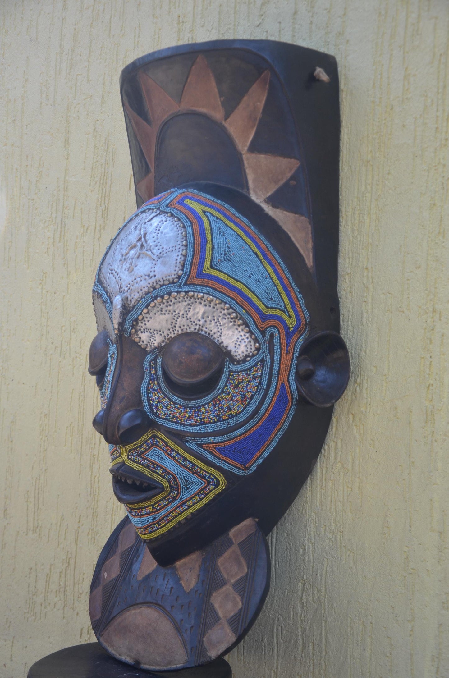Marka African Mask – 34" Large Hand-Carved Wood & Brass Mask – Mali Wall Art.