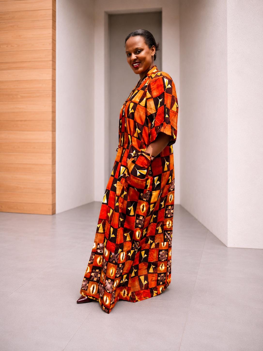 Mixed-Print Ankara Maxi Dress | Grid-Patterned African Boubou, Warm-Tone Patchwork