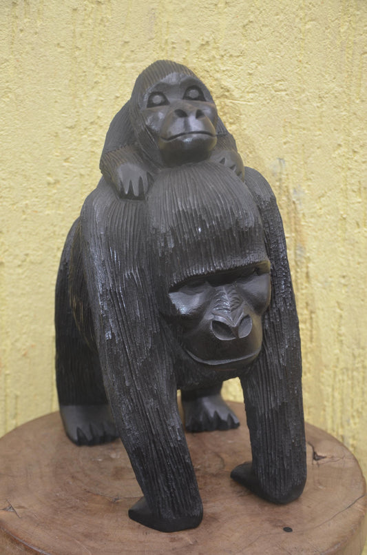 Hand-Carved African Mother and Baby Gorilla Wood Sculpture