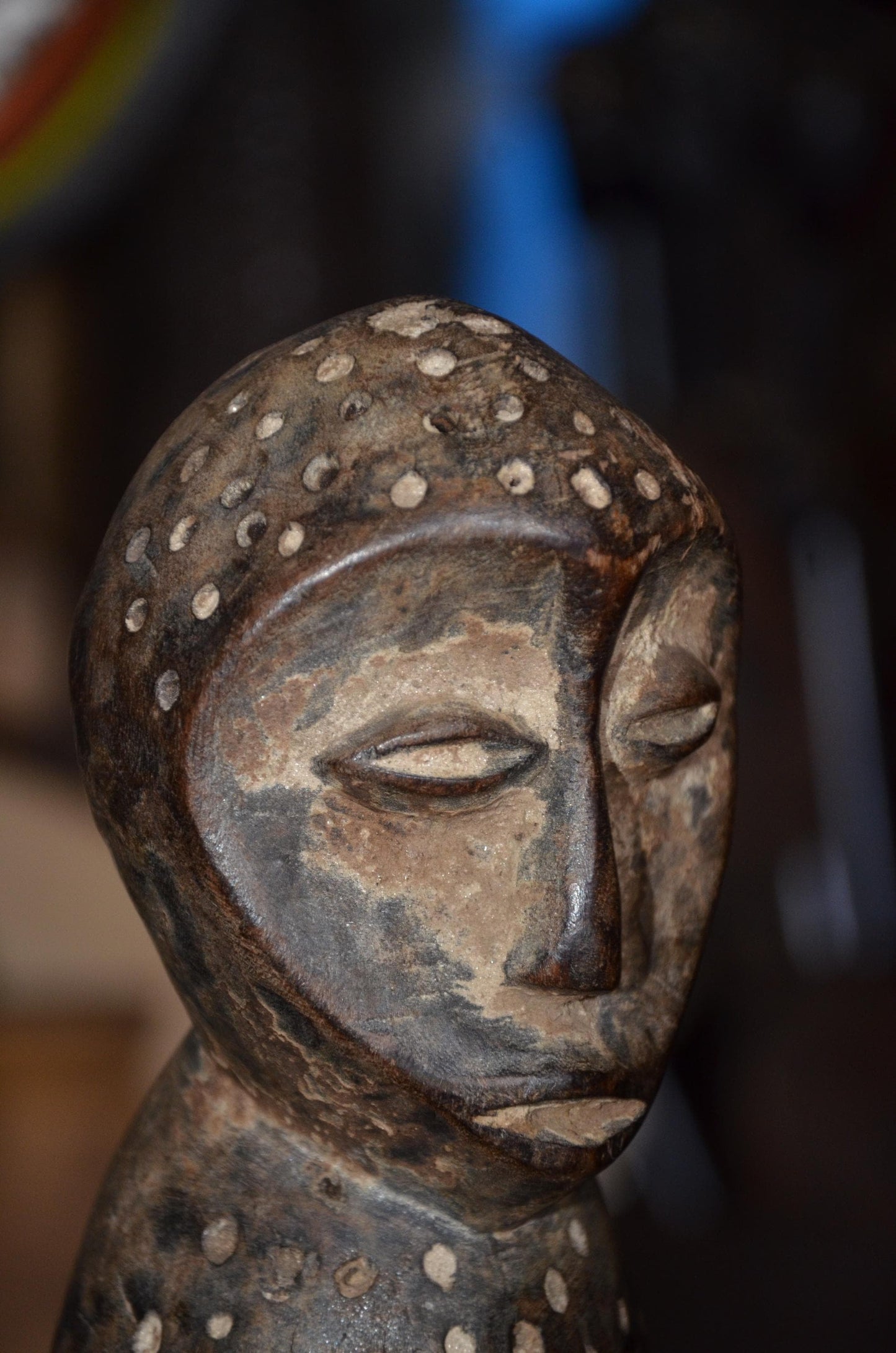 Authentic Lega Multi-Headed Figure - 13" Hand-Carved Wood Sakmatwematwe Sculpture, Traditional Kaolin Clay Patina.
