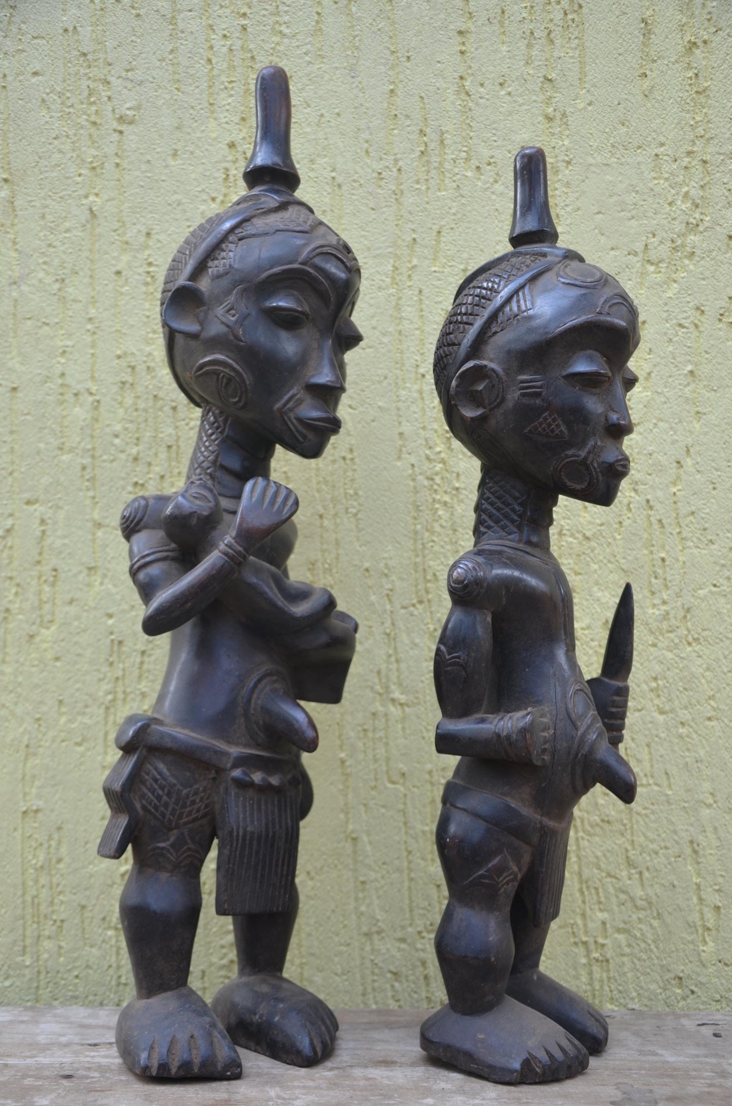 Bena Lulua Couple Figures – 29" Hand-Carved Wood Congo Statues – Tribal Art.