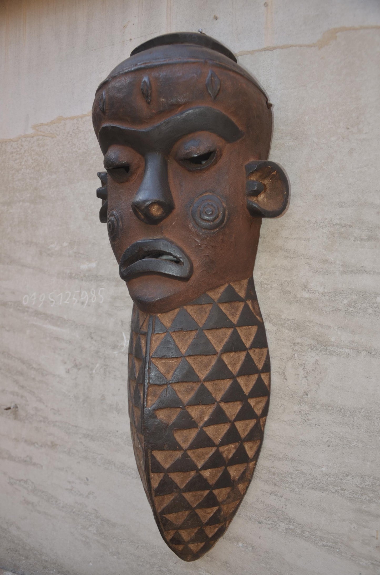 Large Chokwe Style Face Mask - 23" Elongated African Wood Carving, Geometric Tribal Wall Sculpture, High-End Primitive Art Statement Piece.