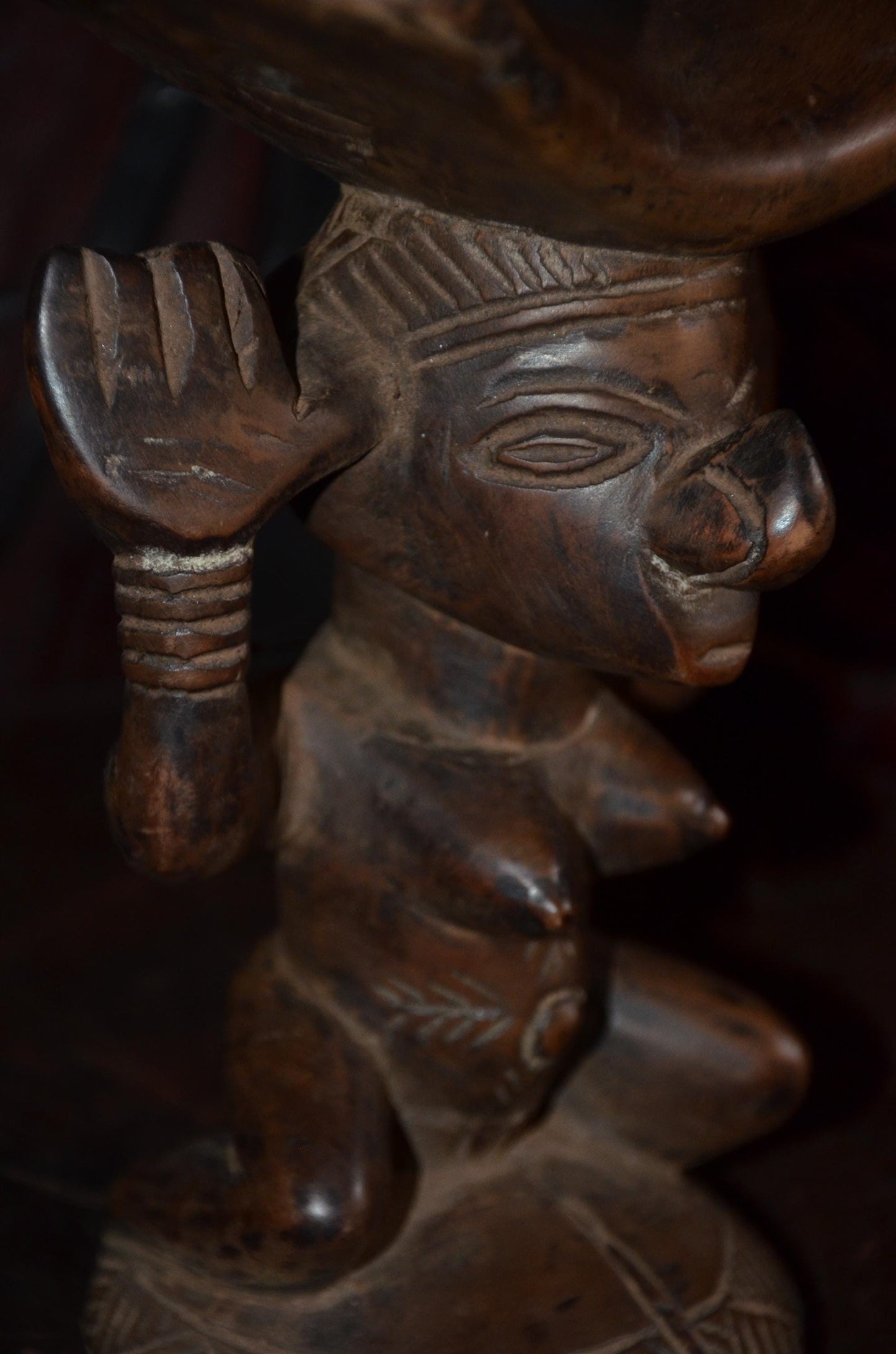 Luba Songye Caryatid Stool – 10" Hand-Carved Wood Headrest – Congo Tribal Art