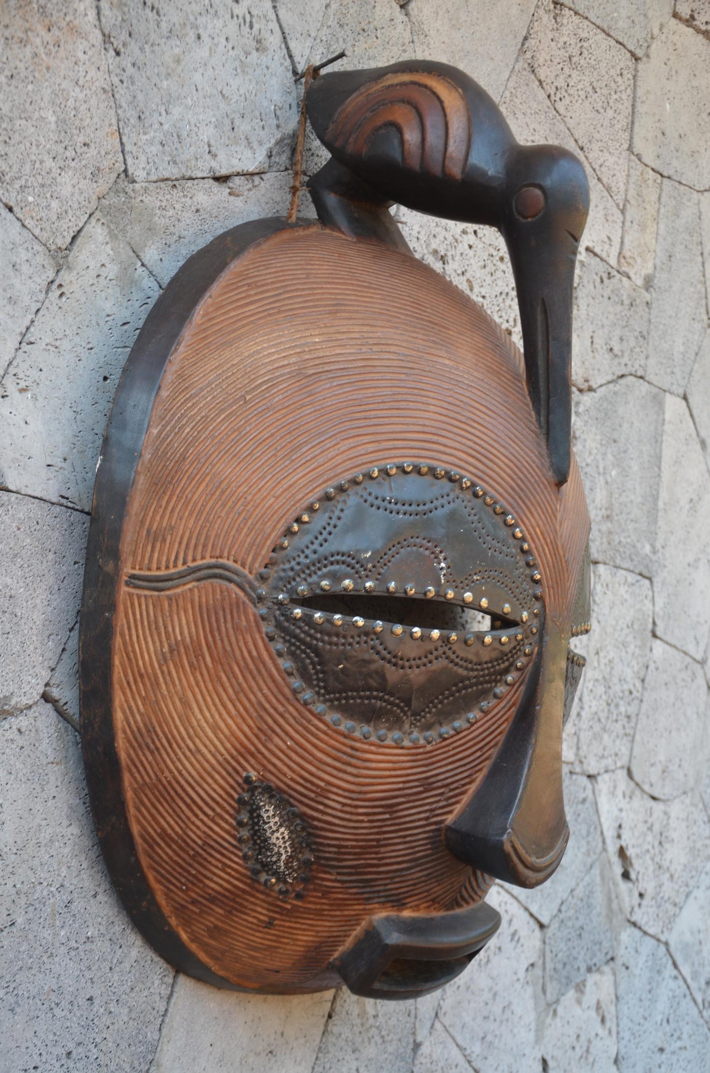 Grand Luba-Style African Mask - Massive 33" Hand-Carved Striated Wood Kifwebe Mask, Metal Sheet Overlay & Bird Crest Statement Piece.