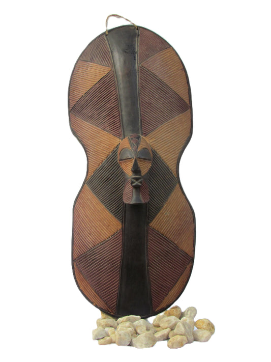 African Songye Shield with Mask Icon – Carved Wood Ritual Wall Art – Congo Tribal Decor