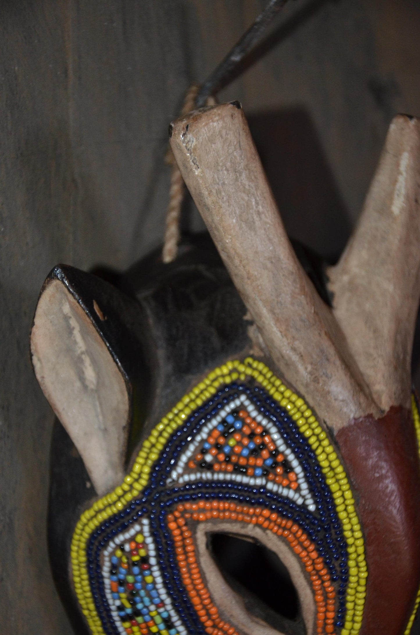 Beaded Antelope Mask – 11" Hand-Carved Wood Tribal Animal Mask – Wall Art.