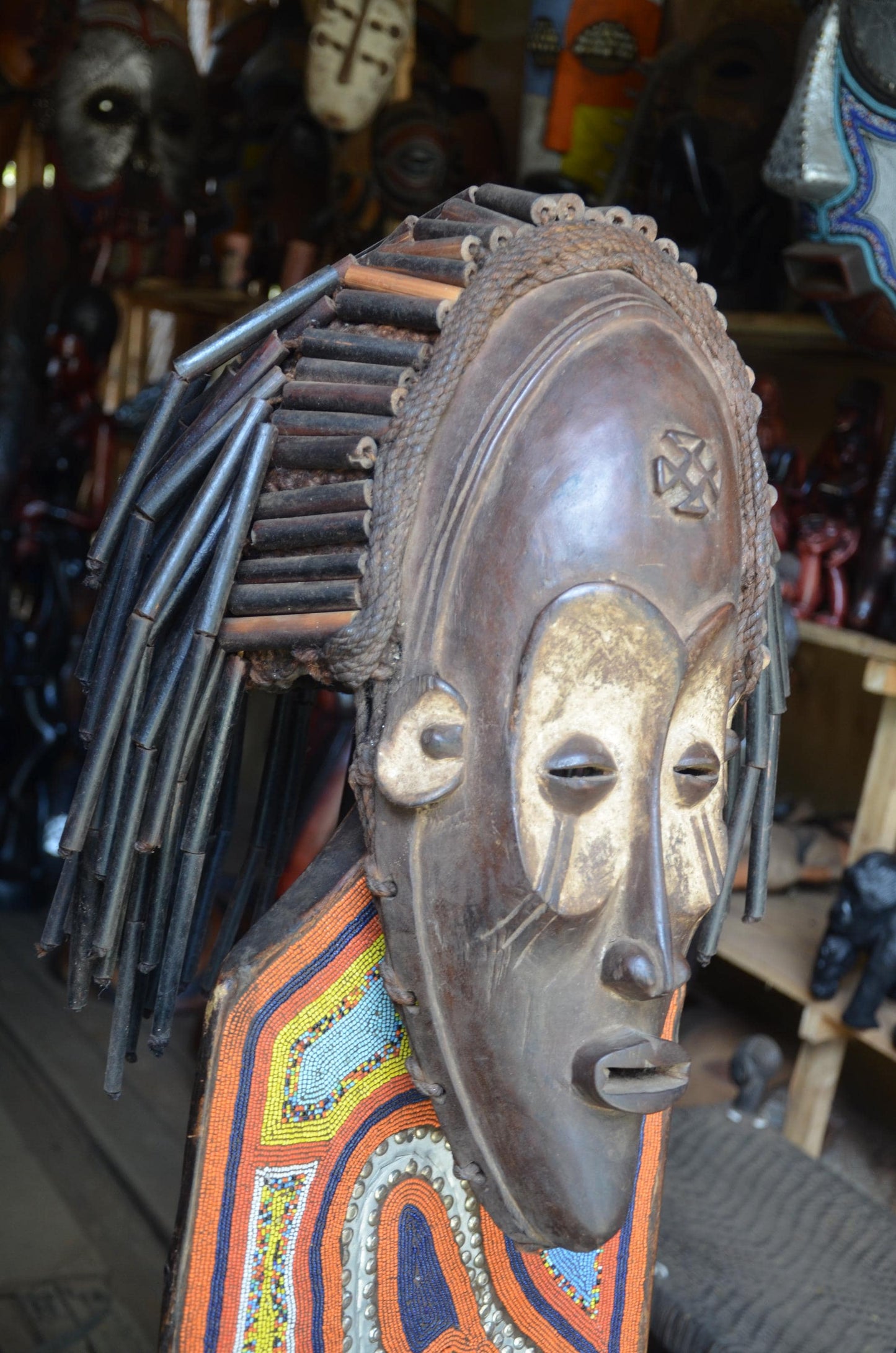 Authentic African Chokwe Mwana Pwo Mask - 21" Large Beaded Stand Display, Angola Tribal Face Mask, Elegant Wood Carving.