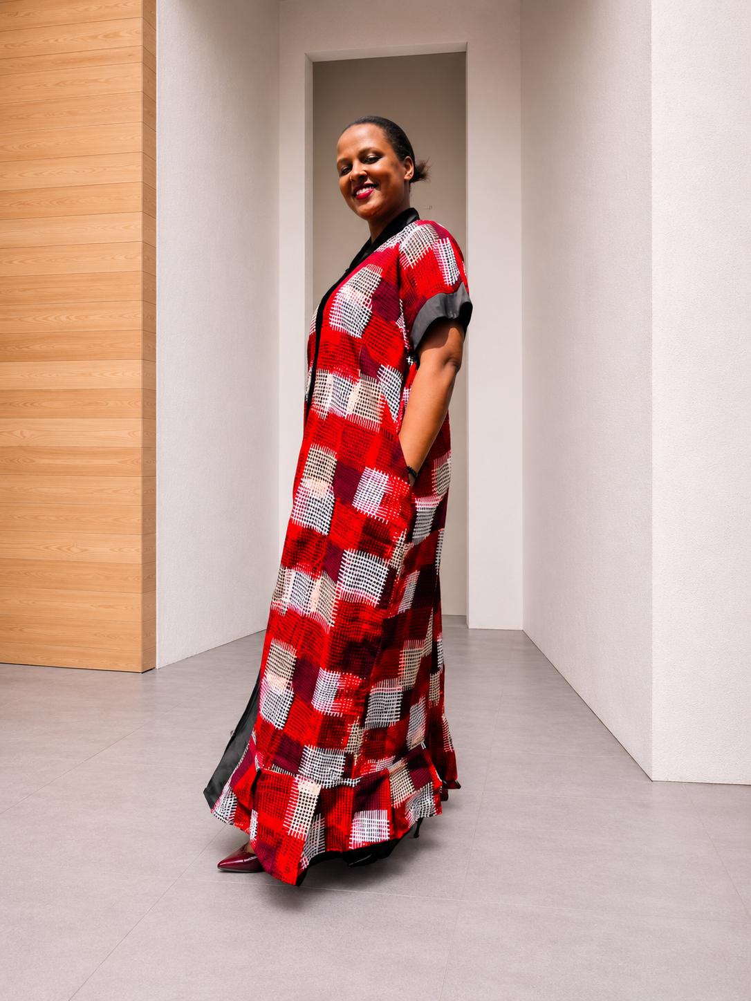 Open-Front Plaid Kampala Gown | Red Geometric Silk Kaftan, Satin-Placket Adire