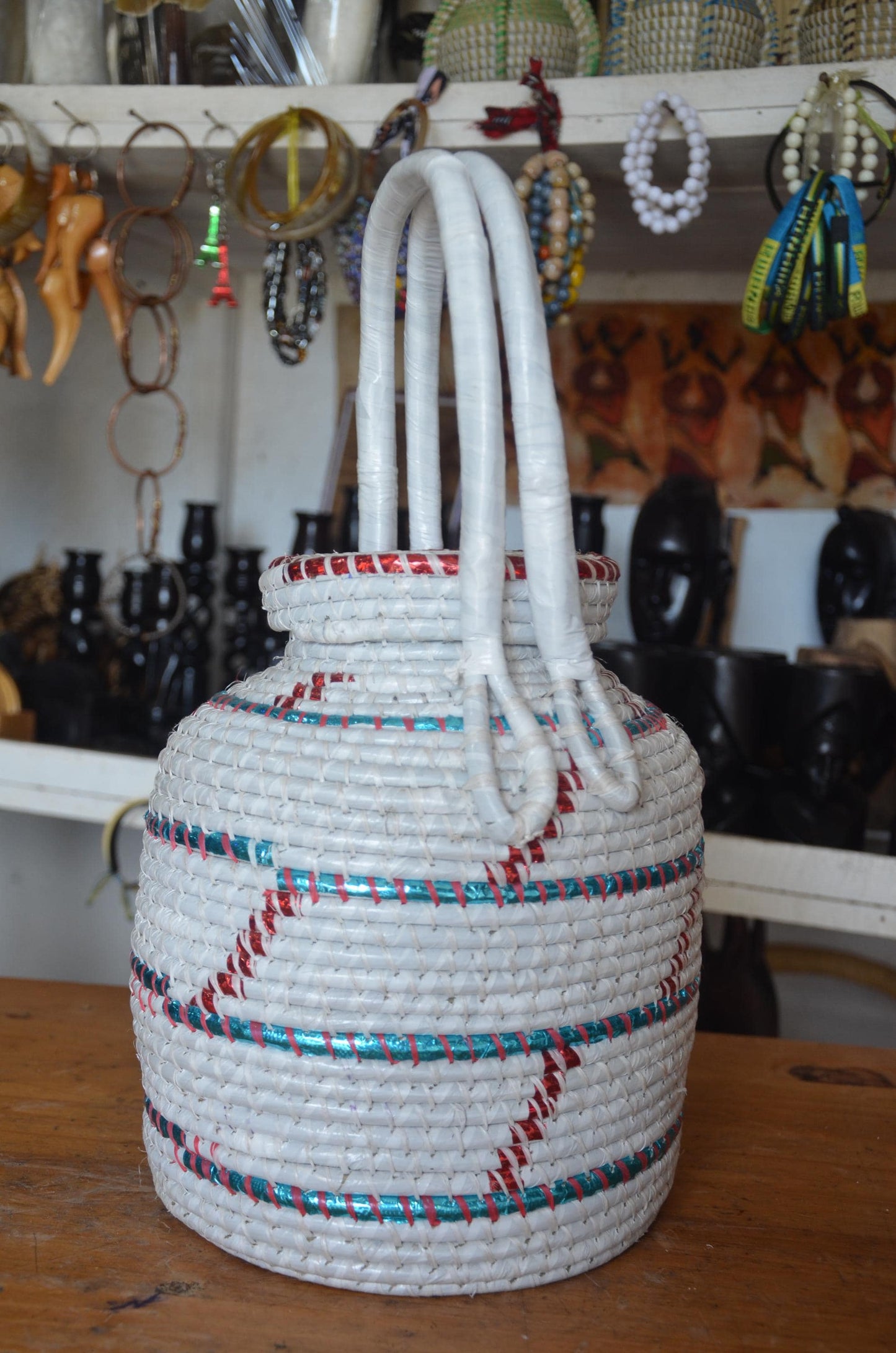 Handwoven Rwandan Agaseke Basket | White Boho Storage Basket with Lid