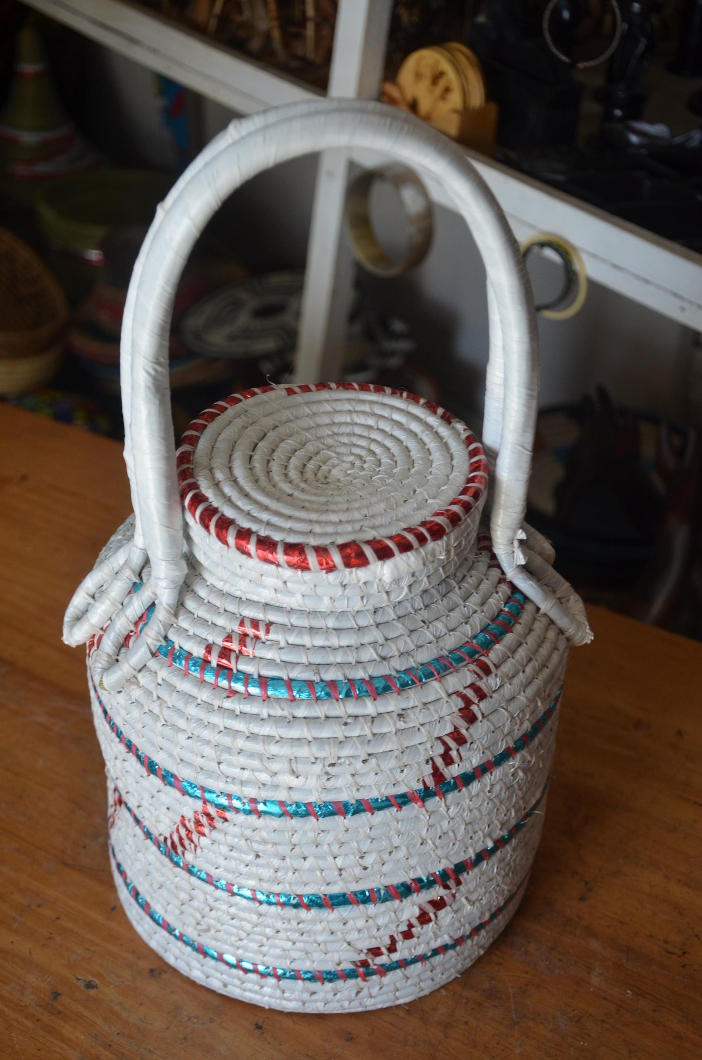 Handwoven Rwandan Agaseke Basket | White Boho Storage Basket with Lid
