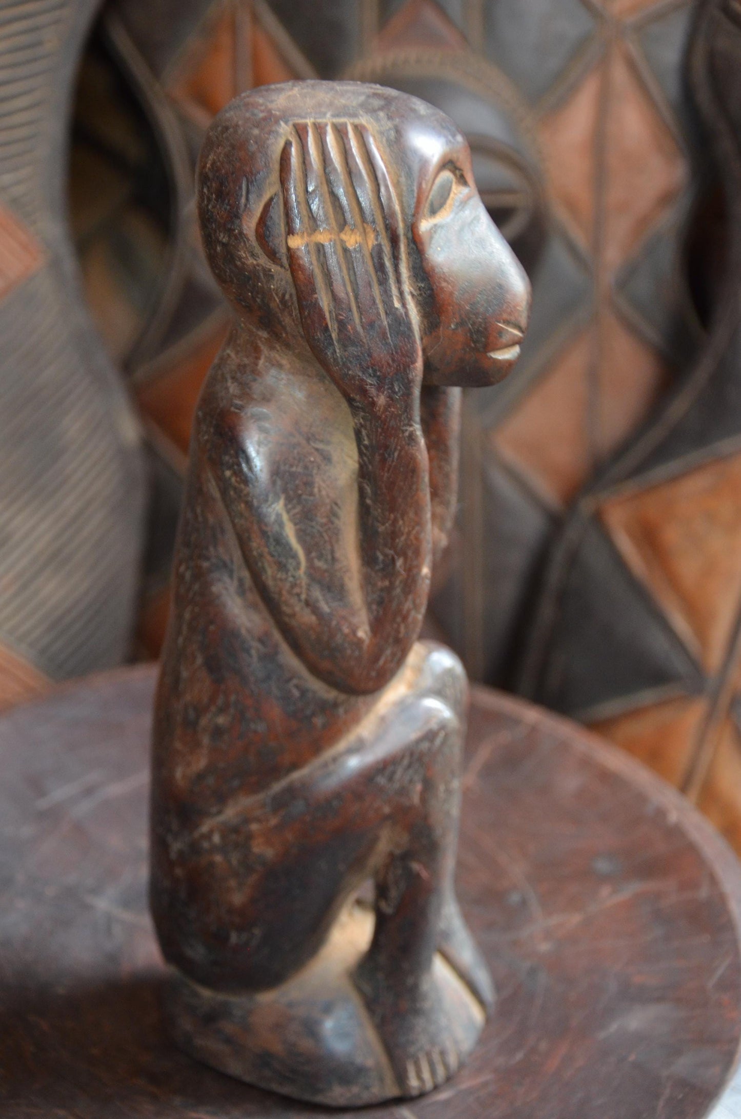 Authentic Hemba Chimpanzee Power Figure - 12" Hand-Carved Wood Soko Mutu Statue, Traditional Primate Ancestor Carving.