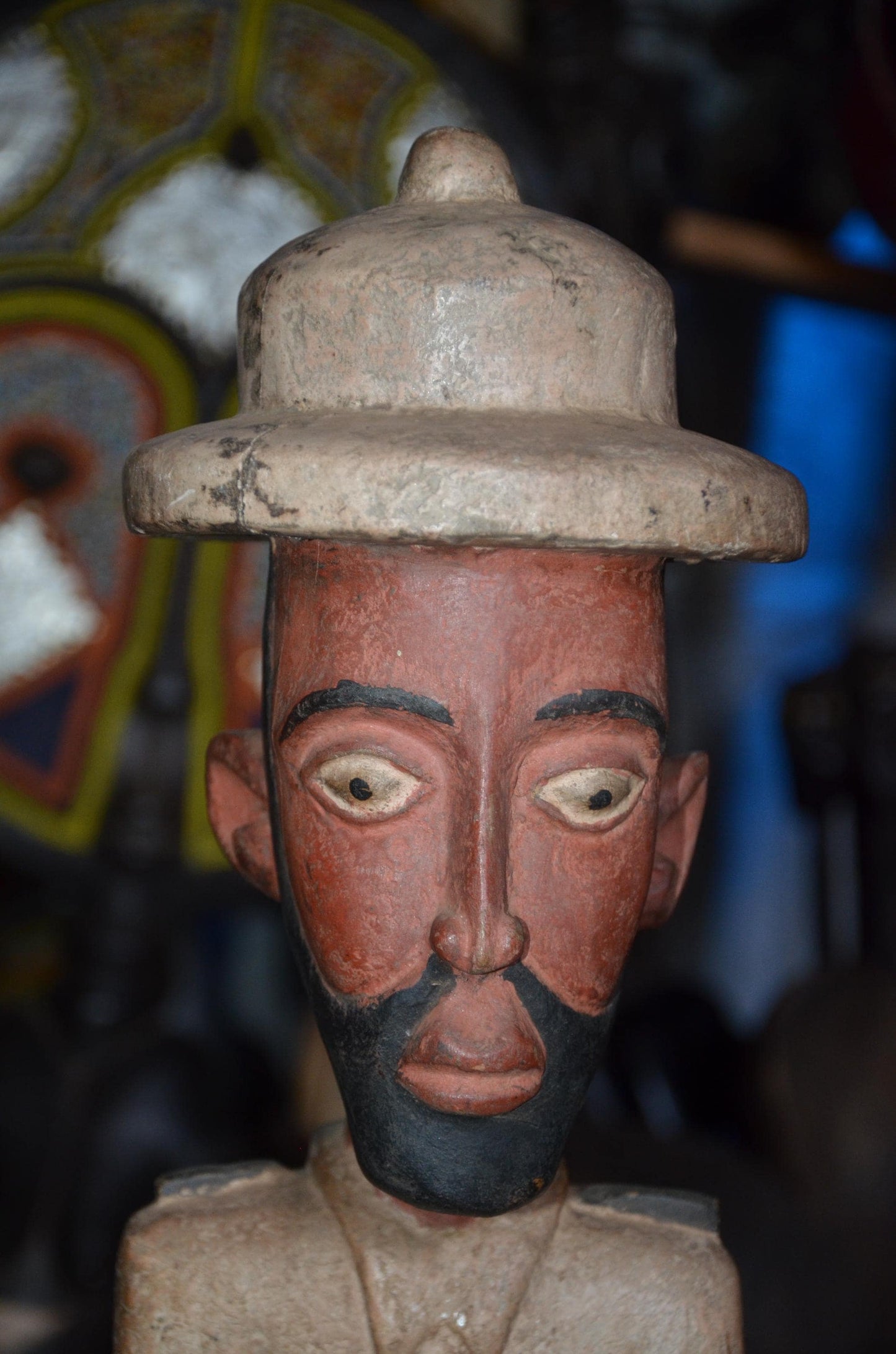 Large African Colon Statue - 28" Hand-Carved Wooden Colonial Soldier Figurine, Armed Guard / Hunter with Rifle.