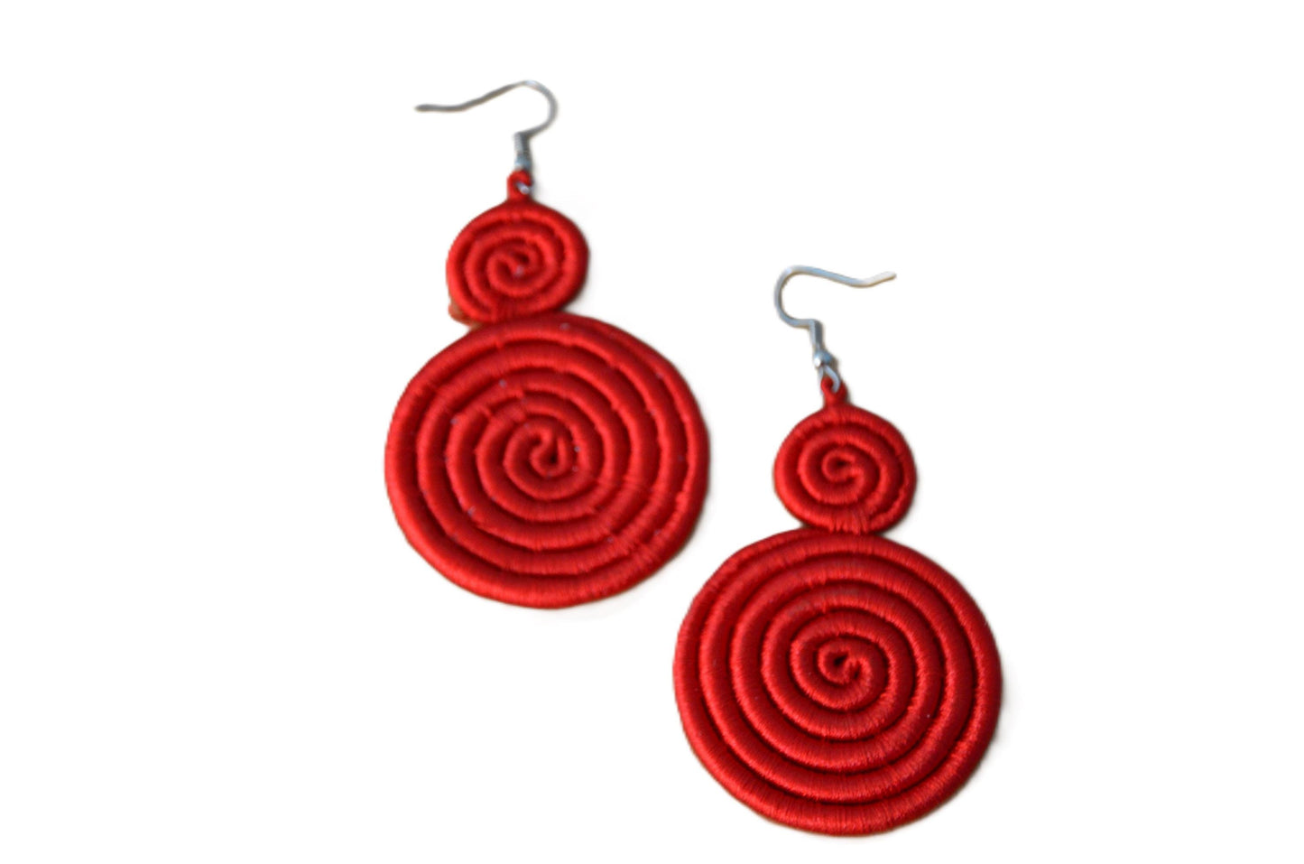 Red Sisal Rwandan Earrings, Handmade African Woven Fiber Jewelry, Bold Boho Statement Drop Earrings
