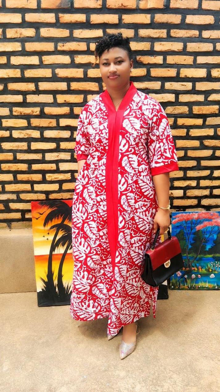 Elegant African Kaftan | Red White Boubou Dress | Flowy Ankara Cotton Maxi Gown