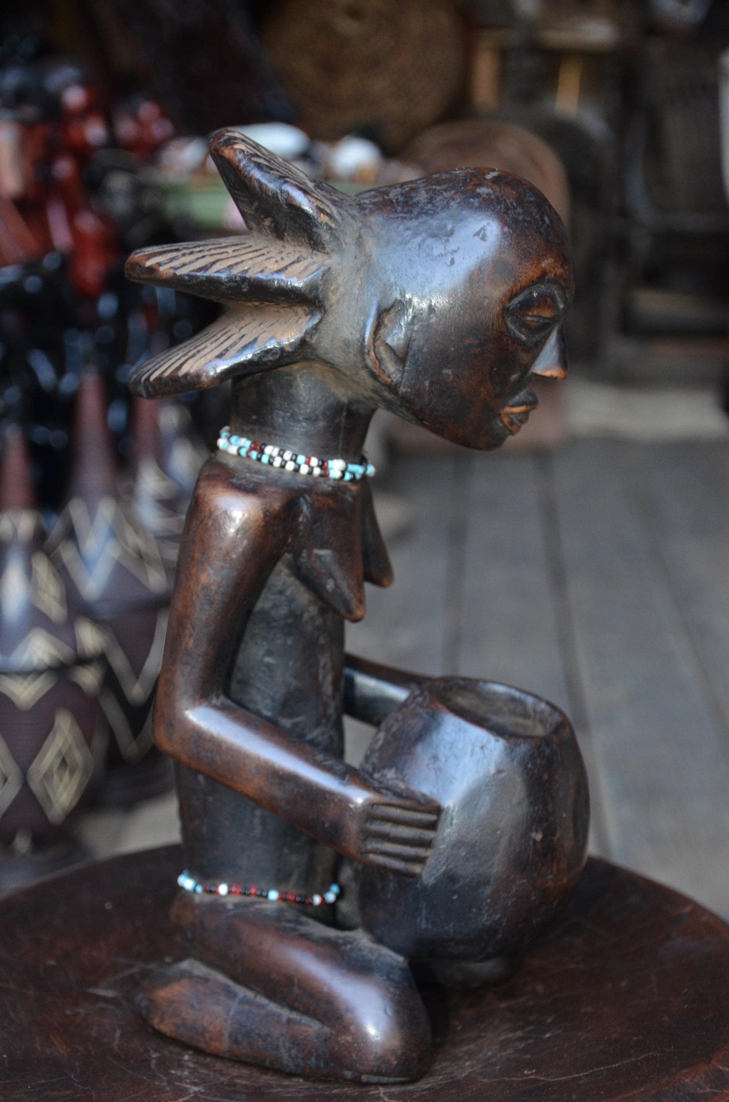 Authentic Luba Bowl-Bearer Statue - 14" Hand-Carved Wood Mboko Female Ancestor Sculpture, Devotional Figure with Bead Accent.