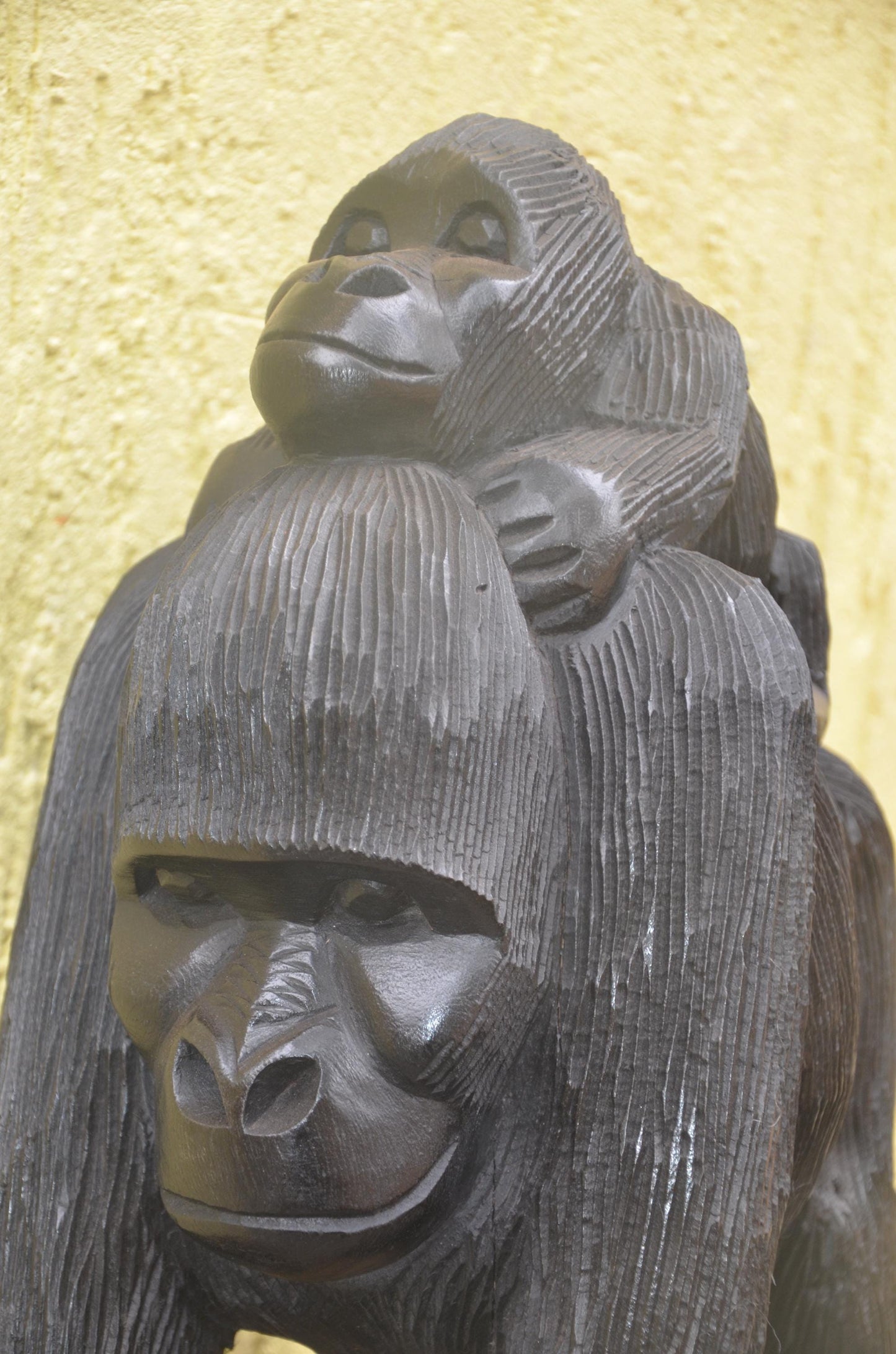 Hand-Carved African Mother and Baby Gorilla Wood Sculpture
