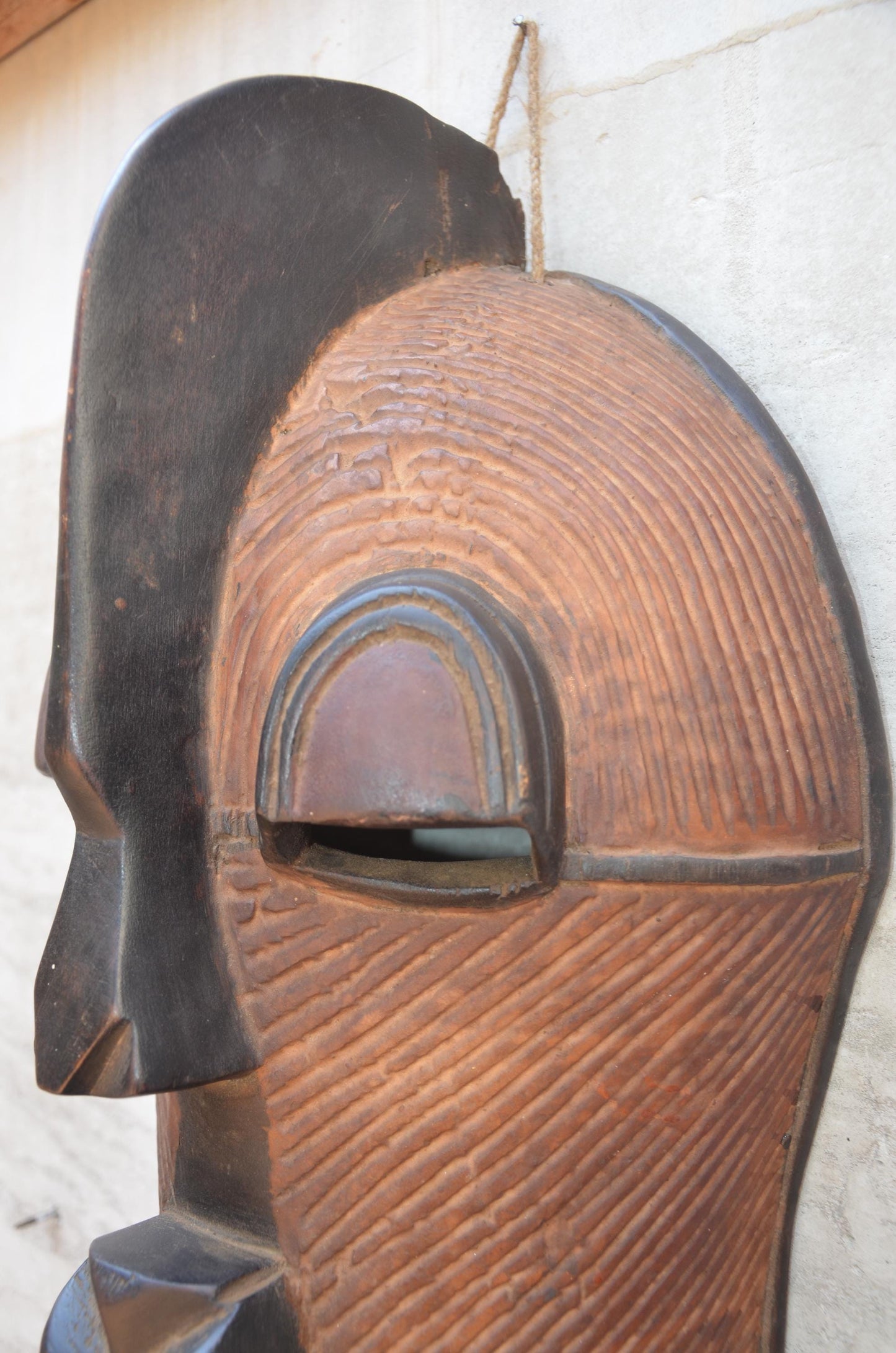 Authentic Songye Kifwebe Mask - 21" Striated Congo Helmet Mask, Striking Raised Sagittal Crest, High-End African Tribal Wall Sculpture.