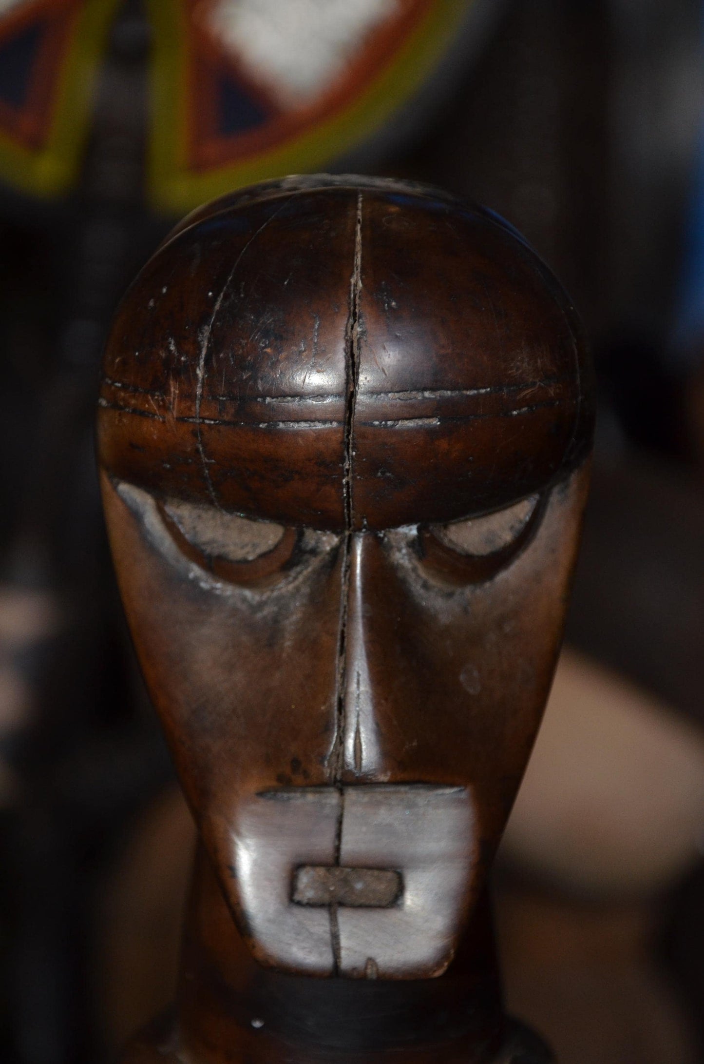 Authentic Songye Kifwebe Head Sculpture - 12" Hand-Carved Wood Ancestor Bust on Ringed Pedestal, Polished Mahogany Patina.