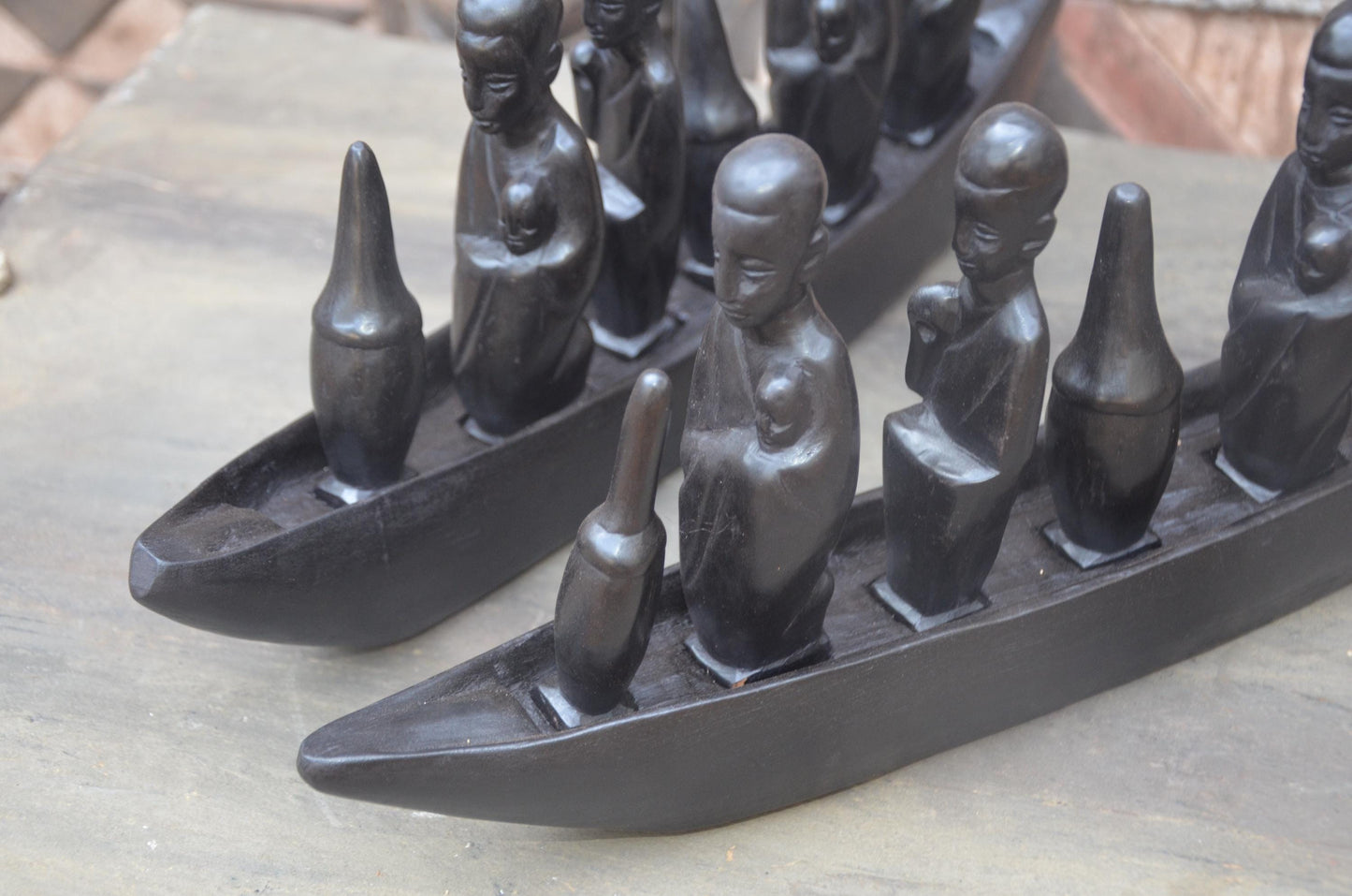 Set of 2 Hand-Carved African Canoe Sculptures | Fisherman Decor