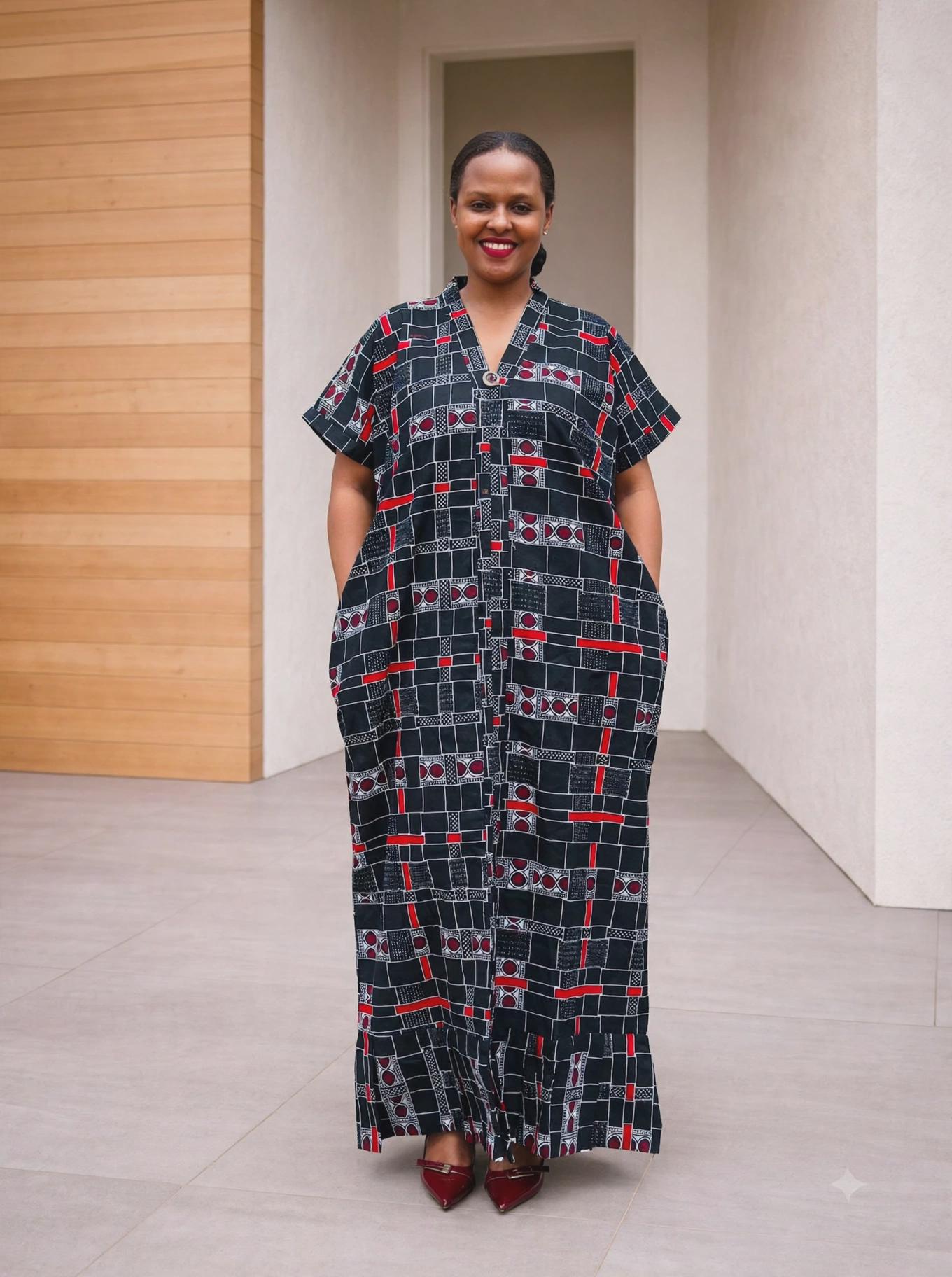 Geometric Plaid African Shirt Kaftan | Buttoned Grid Boubou, Monochromatic Maxi
