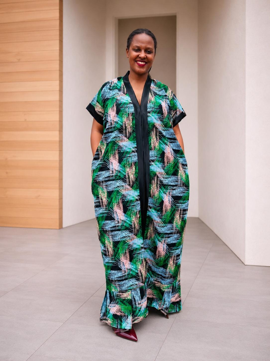 Open-Front Kampala Maxi Gown | Brushstroke Silk Kaftan, Satin-Placket Adire